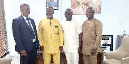 Osei Assibey Antwi (2nd from right), Executive Director of the National Service Scheme, Timothy Kwaku Gobah (2nd from left),  Sub-Editor, Daily Graphic, Ambrose Entsiwah Jnr (right), Volta Regional Director of the Scheme and Eric Nyarko (left), Chief Accountant of the Scheme after the courtesy call